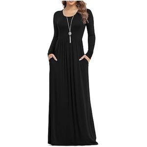 Viishow Small Black Long Sleeve Empire Waist Round Neck Maxi Dress With Pockets